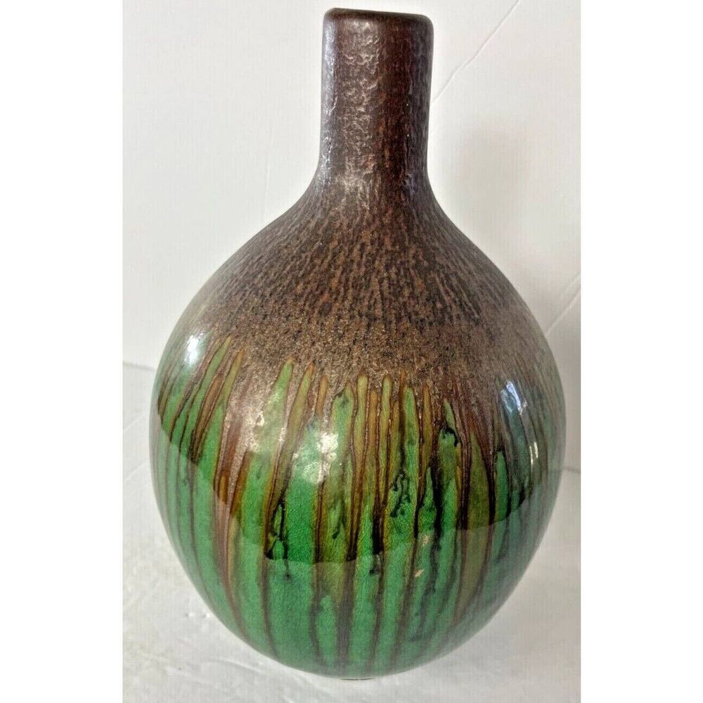 Brown Green Glazed Gourd Shaped Vase Pottery Ceramic Earthy